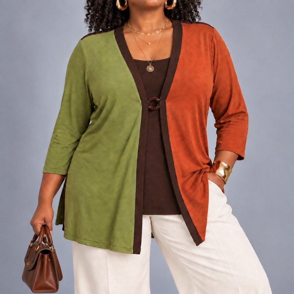 L/XL 232 Vintage Basil Colorblock Layered Tunic Cardigan Art to Wear 3/4 Sleeve